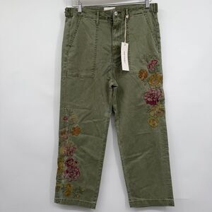 Driftwood Jeans Green Floral Embroidery Utility Boyfriend Crop Pants Medium NWT